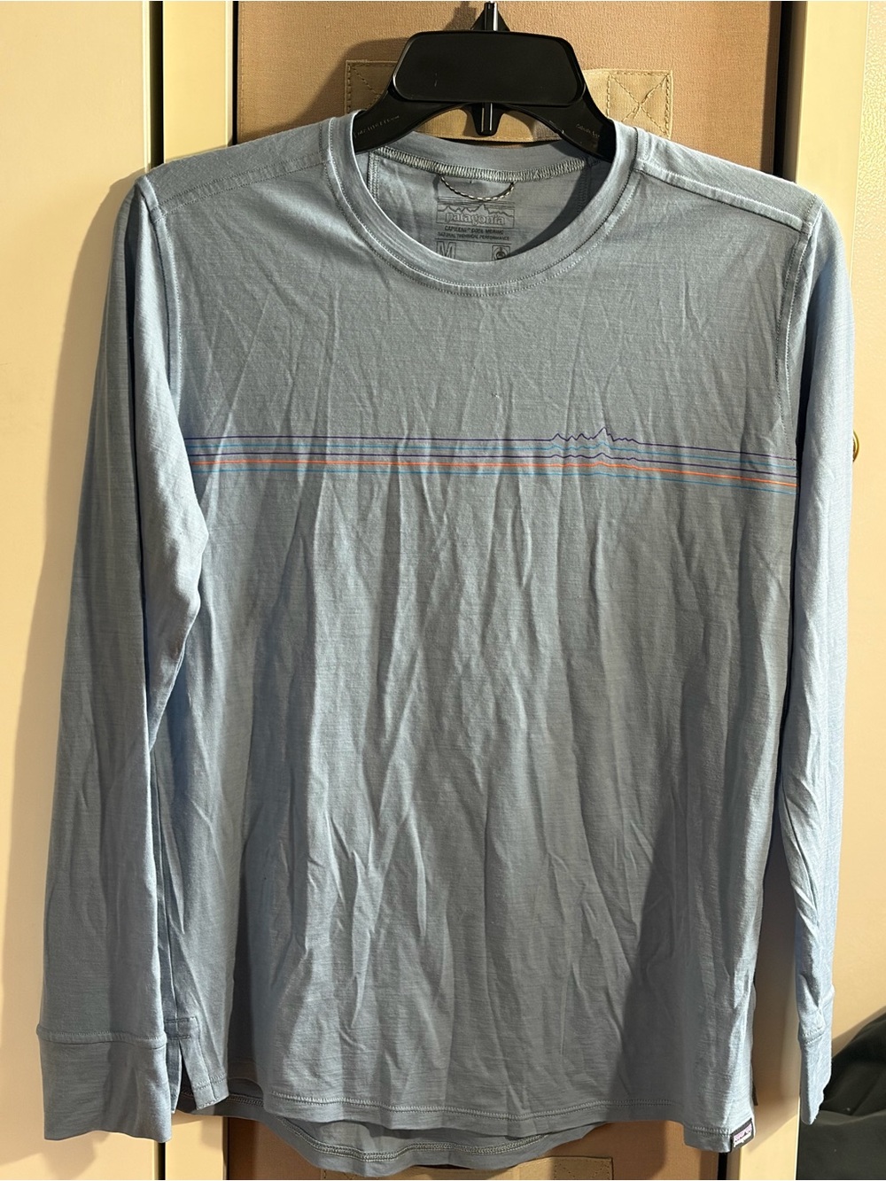 Patagonia Merino Wool Light Blue Long Sleeve Tee with Subtle Multi-Stripe